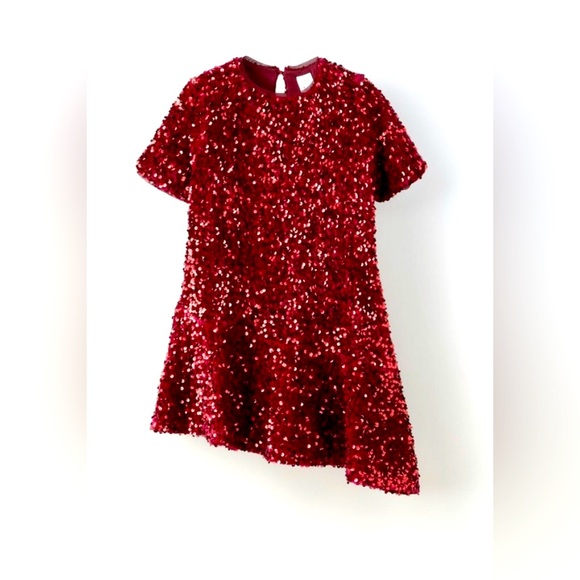Zara Big Girls Holiday Red Sequin Asymmetric Dress - Picture 1 of 7